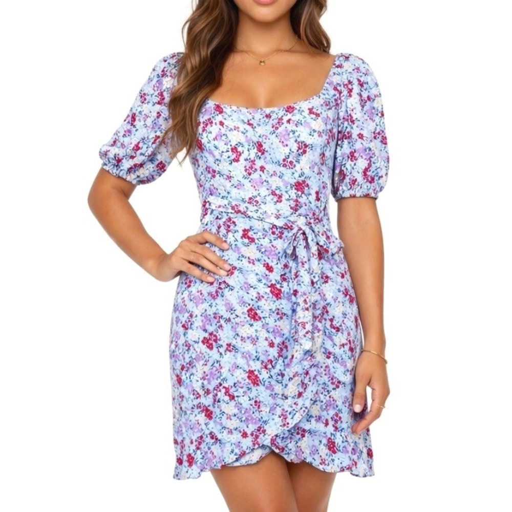 B. Smart Juniors NWT Floral Puff Sleeve Tie Waist Mini Dress Blue‎ Size 1